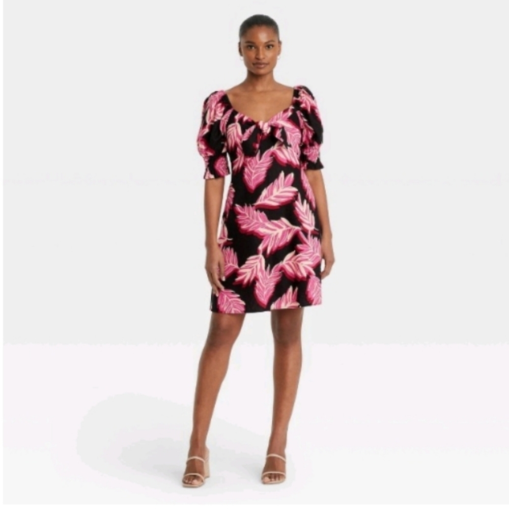 Who What Wear Pink/Black Sereghetti Palm Linen-Blend Mini-Dress Size XS
